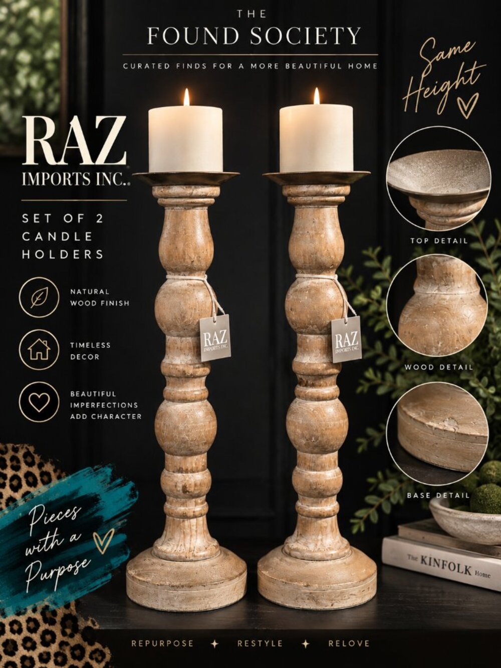 RAZ Imports Set of 2 Large Turned Wood Pillar Candle Holders 18”